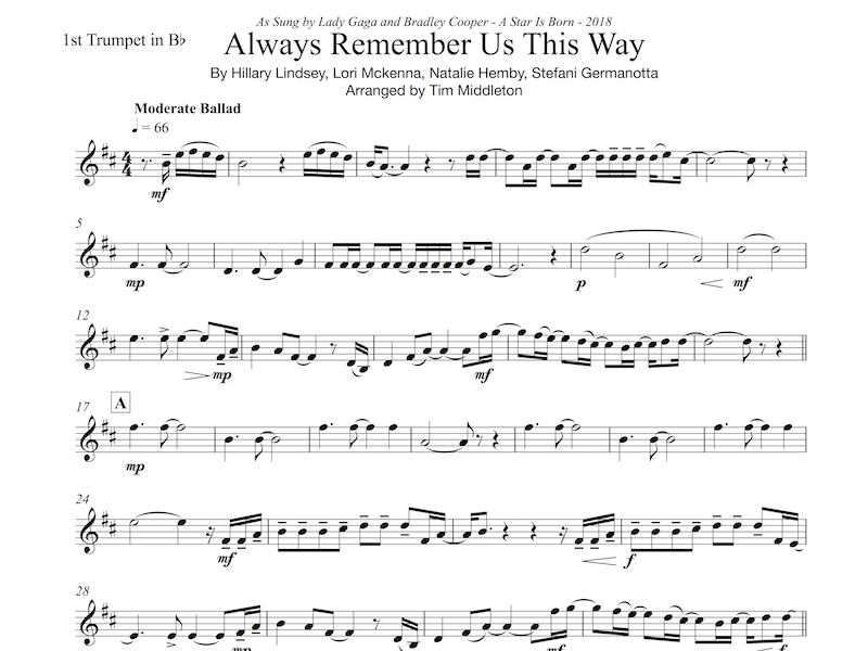 Beautiful Brass Quartet Arrangement of "Always Remember Us This Way " as sung by Lady Gaga in the 2018 remake of "A Star is Born". Additional treble clef parts included for Trombone and Eb/Bb Tuba.