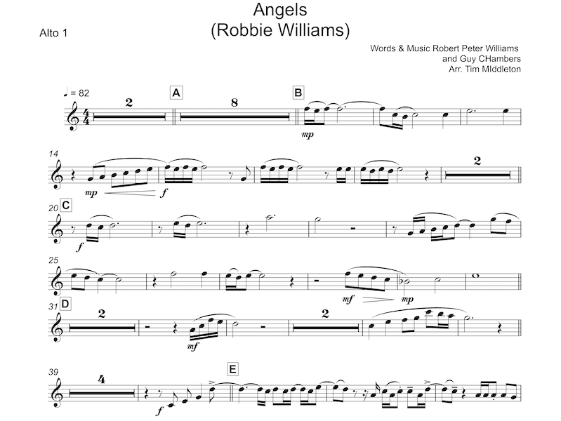 This is a great arrangement of the Robbie Williams ballad "Angels". It has a "Hey Jude" feel and is ideal for any type of concert.