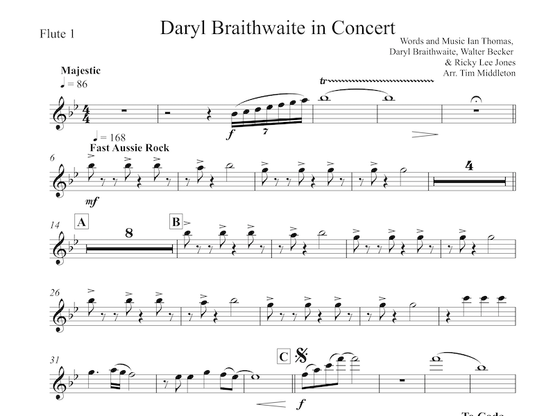 All new Concert Band arrangement featuring the best of Daryl Braithwaite including: "The Horses", "One Summer", and "As The Days Go By". A must for your summer concerts!