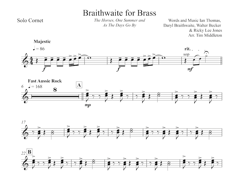 All new Brass Band arrangement featuring the best of Daryl Braithwaite including: "The Horses", "One Summer", and "As The Days Go By". A must for your summer concerts!