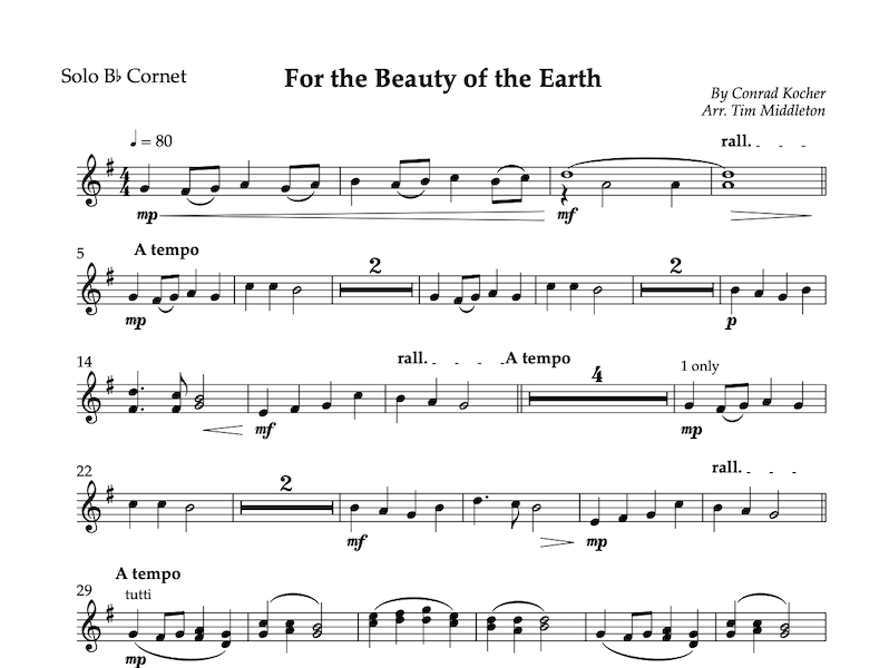 This is a beautiful sounding Brass Band arrangement of the classic hymn 'For the Beauty of the Earth''.