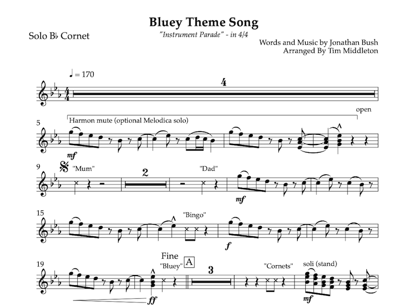 An energetic Brass Band arrangement of the theme from the popular Australian children's show 'Bluey'.