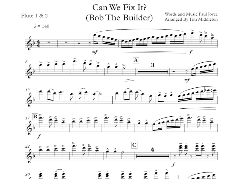 This is a fun arrangement of the Bob the Builder theme song "Can We Fix it?". Ideal for family and entertainment concerts. This is one of the top selling arrangements from Middleton Music. Available for Concert Band (and Brass Band ) world-wide.