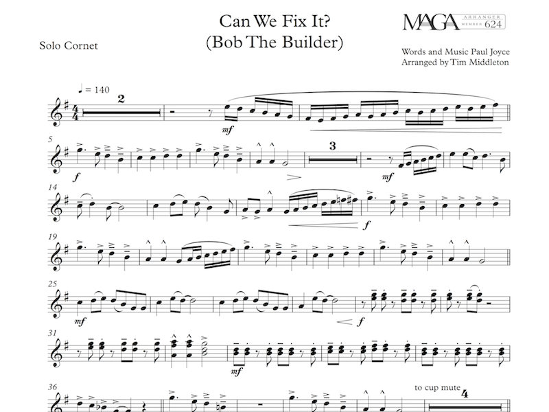This is a fun arrangement of the Bob the Builder theme song "Can We Fix it?". Ideal for family and entertainment concerts. This is one of the top selling arrangements from Middleton Music. Available for Brass Band (and Concert Band ) world-wide.