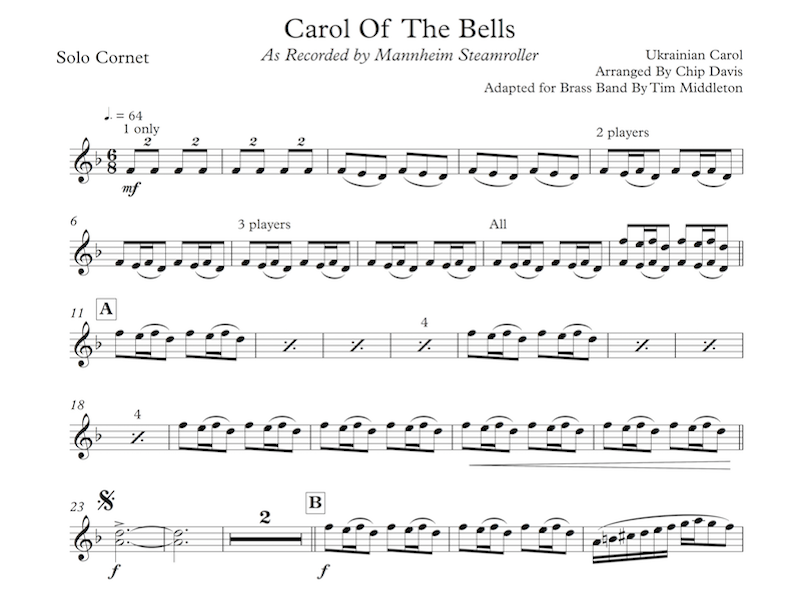 This is a great Brass Band adaption of the "Mannheim Steamroller" version of "The Carol Of the Bells". A driving and rhythmical arrangement and a must-have for your next Christmas Concert!