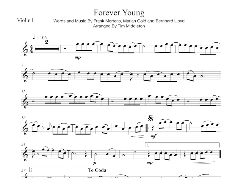Beautiful String Quartet Arrangement of the classic 80's song - "Forever Young" sung by Alphaville and Youth Group.