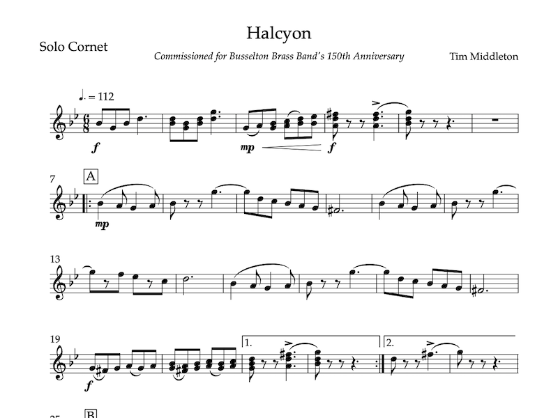 The march 'Halcyon' was commissioned by the Busselton Brass Band to celebrate their 150th anniversary in 2021.