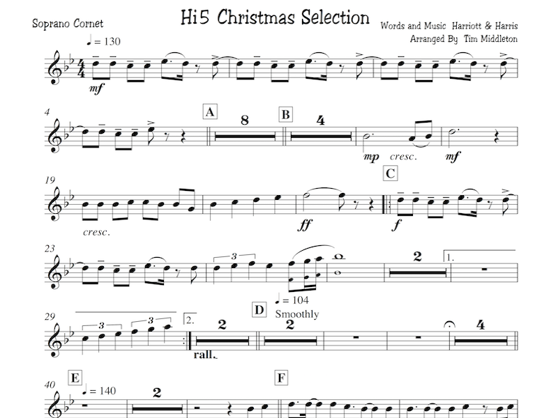 This new upbeat arrangement for Brass Band is ideal for entertaining children at your Christmas concerts. Includes the following Hi-5 Xmas songs from Australia's award winning children's TV entertainers: Santa Claus is Coming, T'was the night before Xmas and Santa Wear Your Shorts.