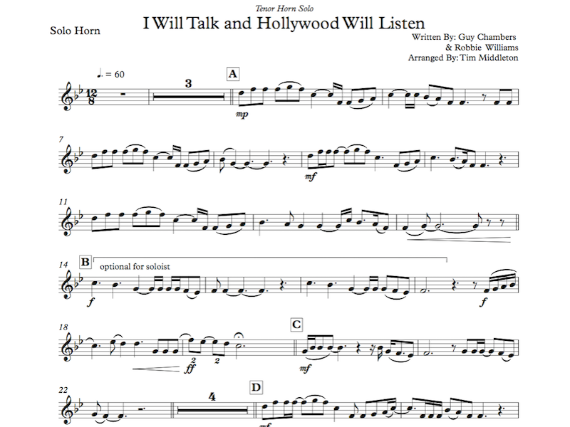 This is a great arrangement of the Robbie Williams song from his popular album "Swing When You're Winning". Arranged as a Tenor Horn solo , this song is a perfect addition for entertainment concerts.