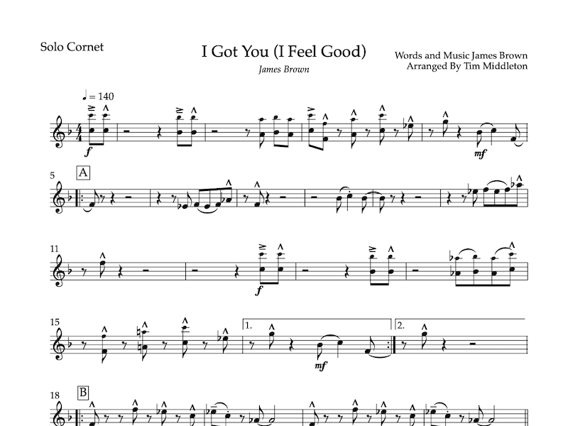 This is a great arrangement of the James Brown classic 'I Feel Good'. Ideal for any brass band concert and a great crowd pleaser.