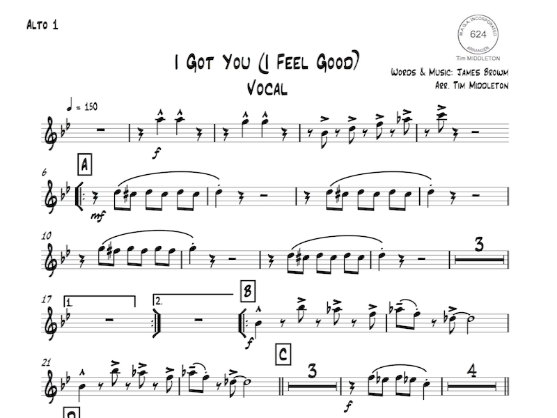 This is a great vocal arrangement of the James Brown classic "I Feel Good". Ideal for any concert and a great crowd pleaser. Available for Big Band for Australian and New Zealand customers only.