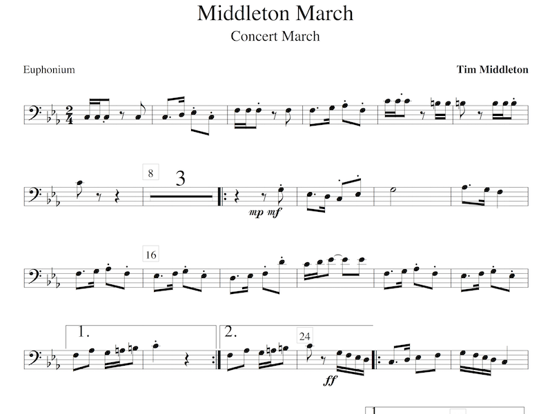 This original march features stately opening and a delicate trio section with Euphonium melody and Clarinet and Flute sharing the counter melody.
