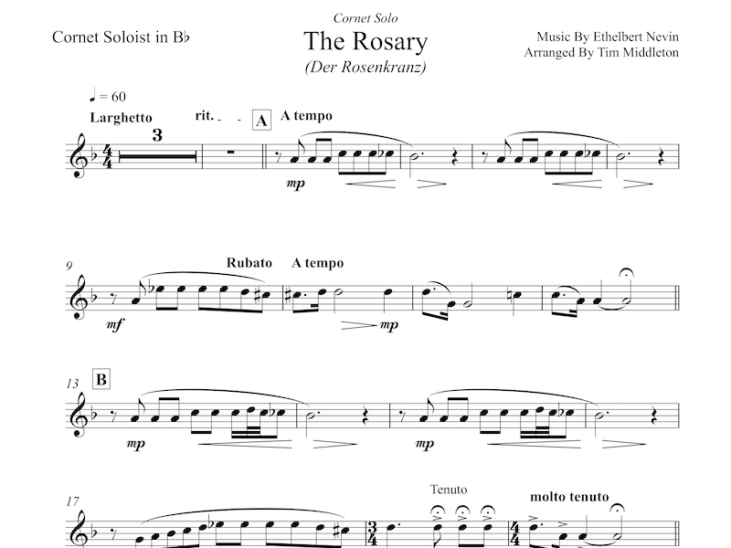 This is a beautiful sounding Cornet Solo, with Brass Band accompaniment, from the pen of Ethelbert Nevin. Arranged by Tim Middleton.