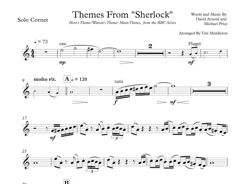 This is a wonderful arrangement of the Themes from the BBC Series "Sherlock". The arrangement includes three of the most popular songs: Hero's Theme/ Watson's Theme and the popular Main Theme.