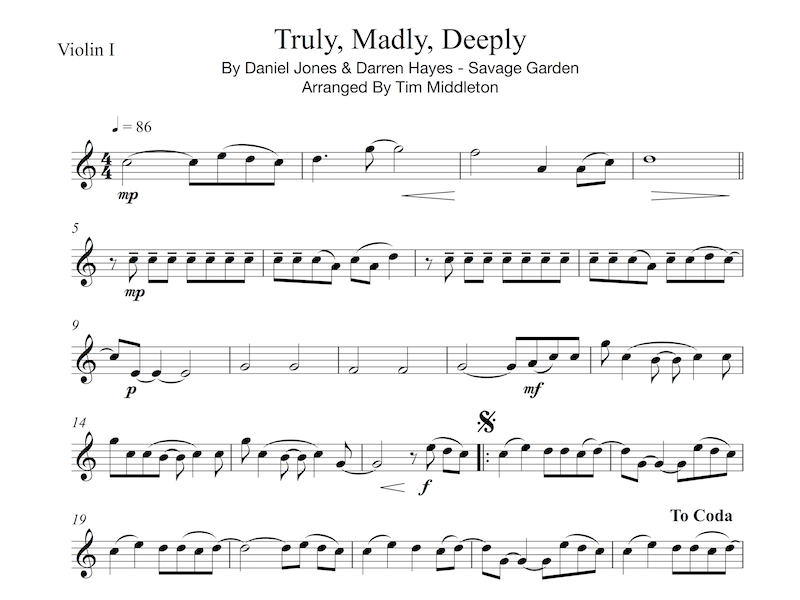 Beautiful String Quartet Arrangement of the classic love song "Truly, Madly, Deeply" By the Australian band, Savage Garden.