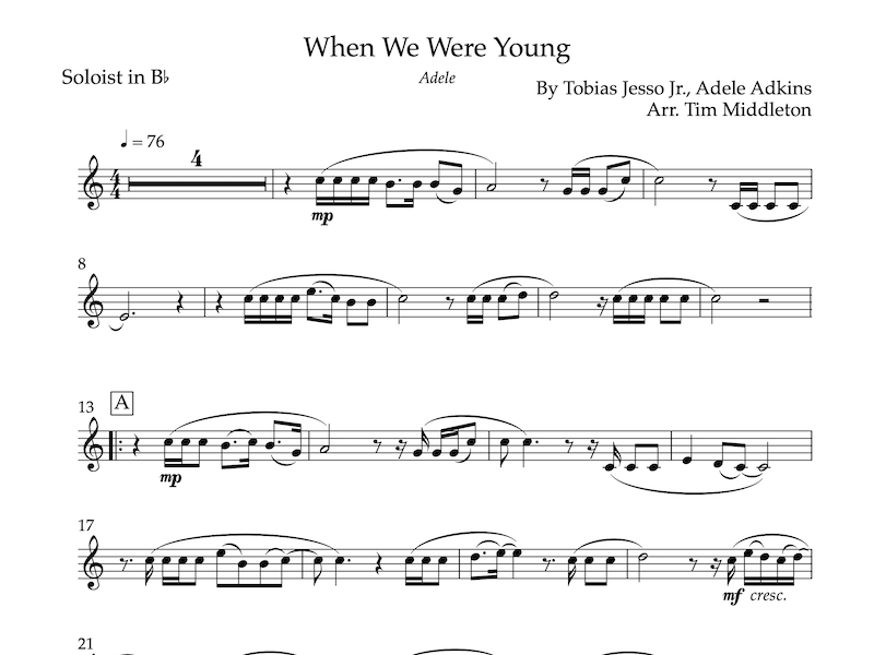 Beautiful Brass Band Arrangement for Bb Soloist of Adele's 'When We Were Young'. Ideal for Cornet, Trumpet, Flugel, Euphonium,Baritone or Trombone.