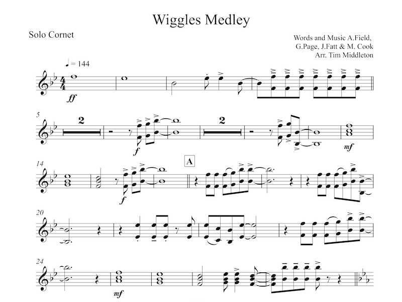 This arrangement features a number of tunes from the popular children's group The Wiggles. The songs include: Romp Bomp a Stomp, Hot Potato, Quack Quack, Fruit Salad and Dorothy (Would you like to dance). Ideal for family concerts and available for Brass or Concert Band.